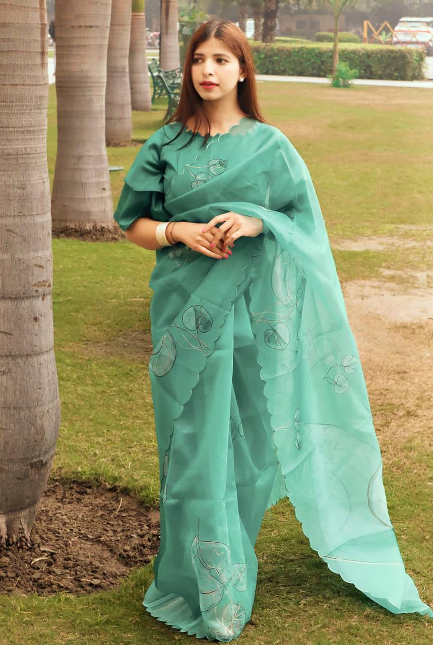 Teal Soft Organza Silk Saree With All Over Hand Print