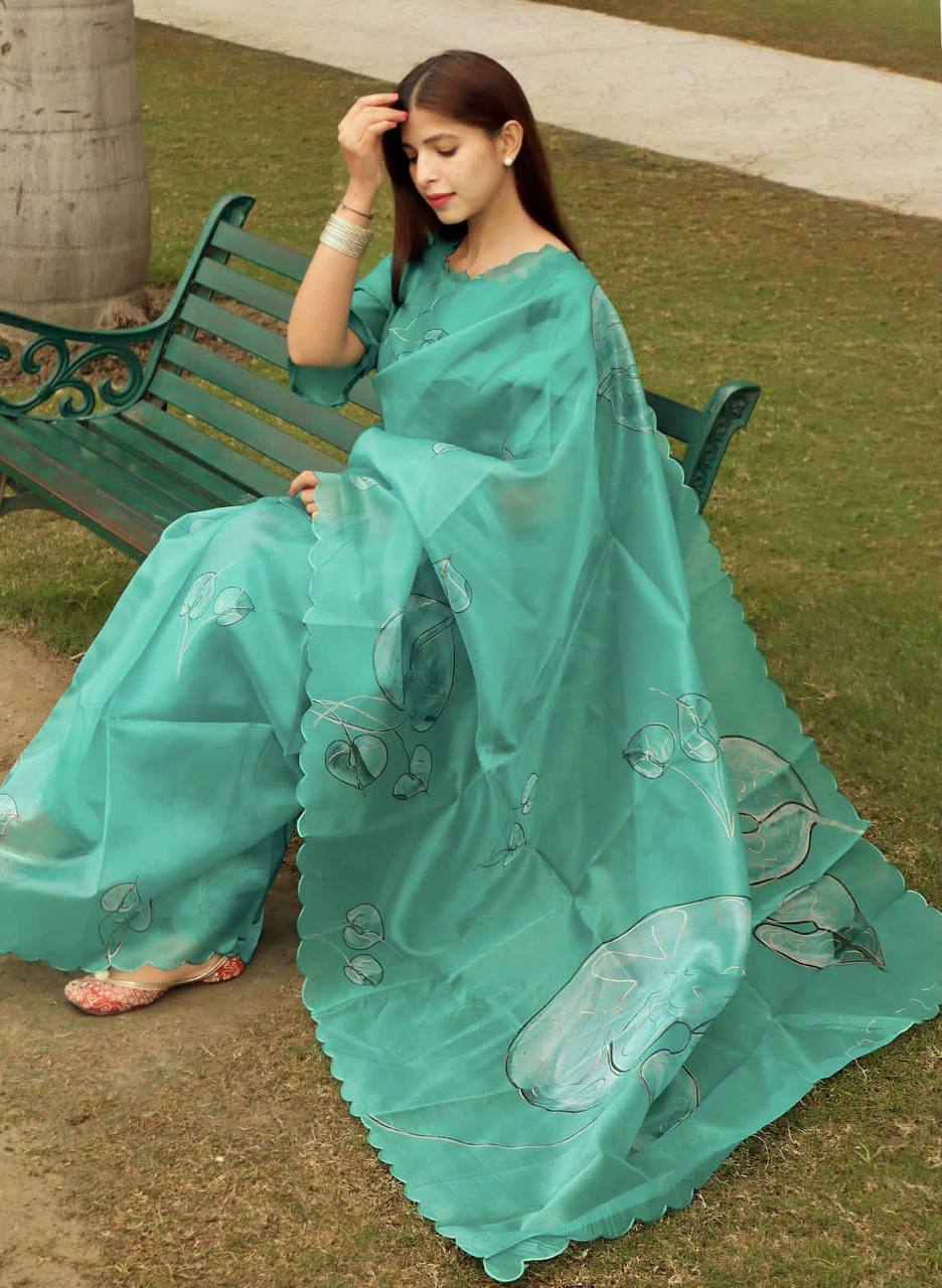 Teal Soft Organza Silk Saree With All Over Hand Print