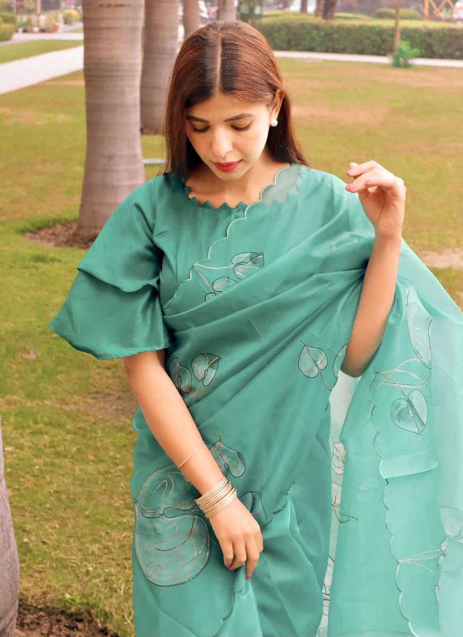 Teal Soft Organza Silk Saree With All Over Hand Print