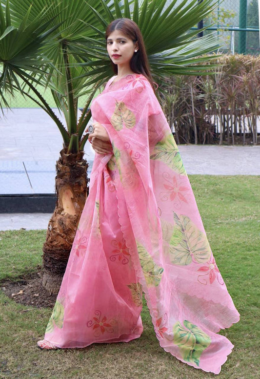 Pink Soft Organza Silk Saree With All Over Hand Print