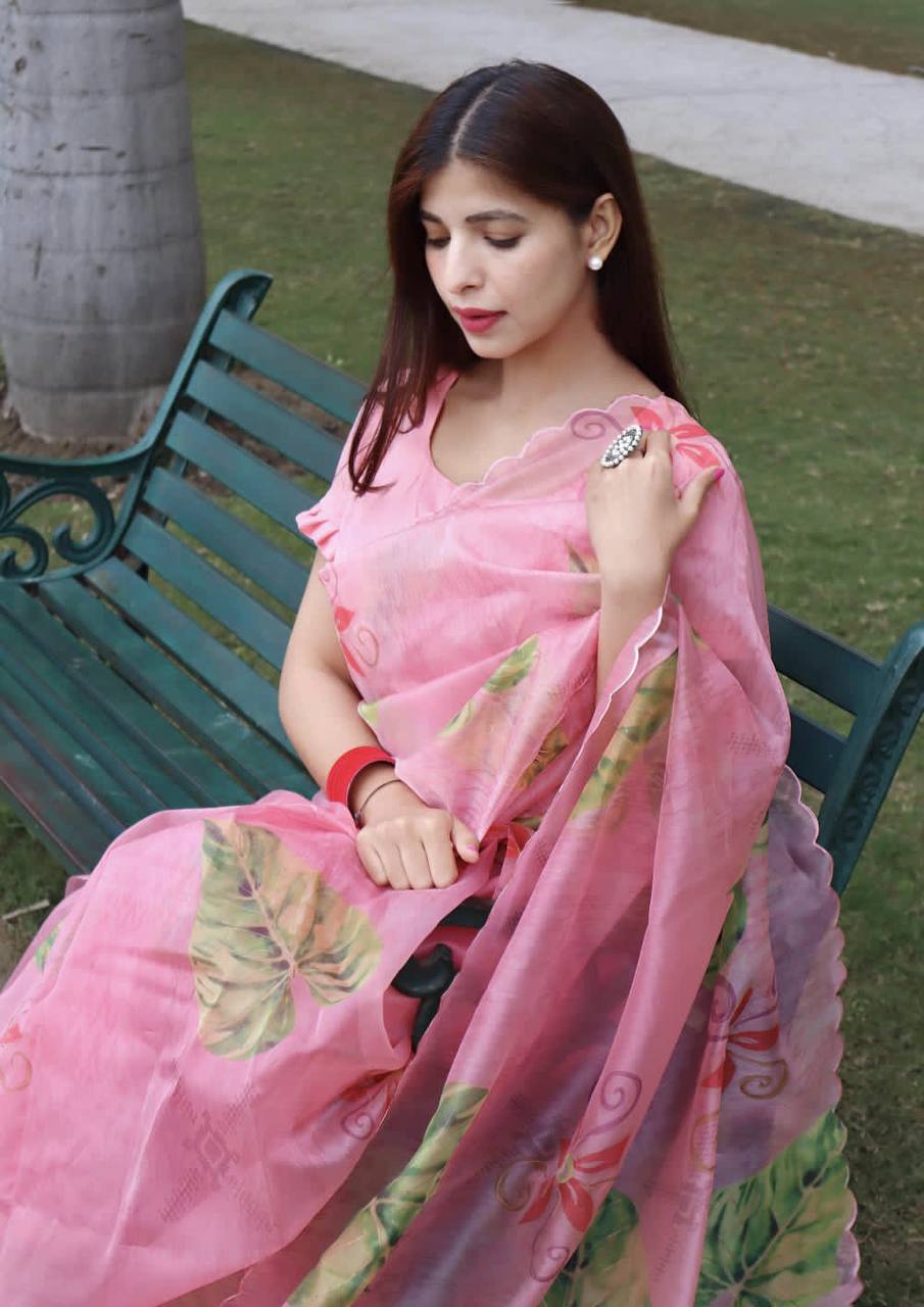 Pink Soft Organza Silk Saree With All Over Hand Print