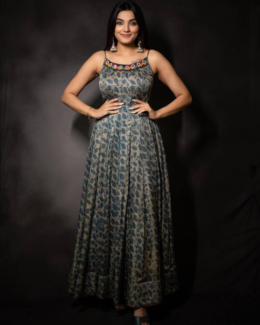 Teal Heavy Silk Digital Print Work Gown