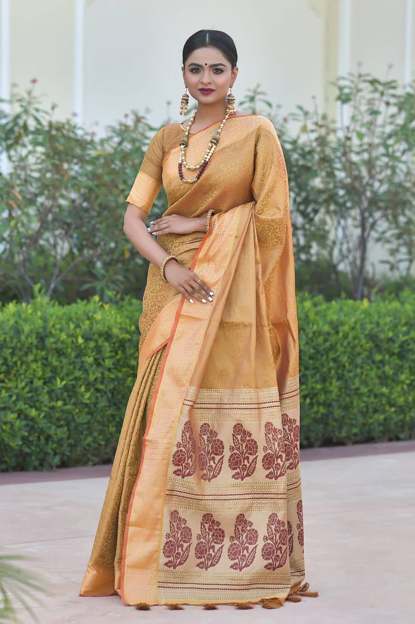 Gold Soft kanchipuram silk saree with all over zari weaves