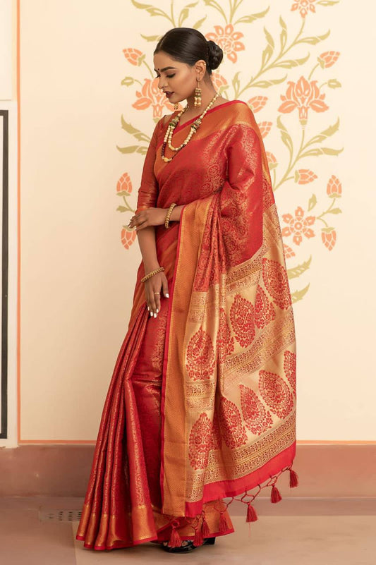 Red Soft kanchipuram silk saree with all over zari weaves