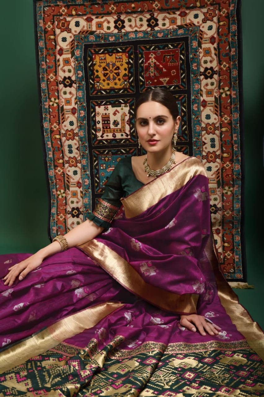 Purple Tussar Silk Patola Weaving Saree With Zari Woven Border