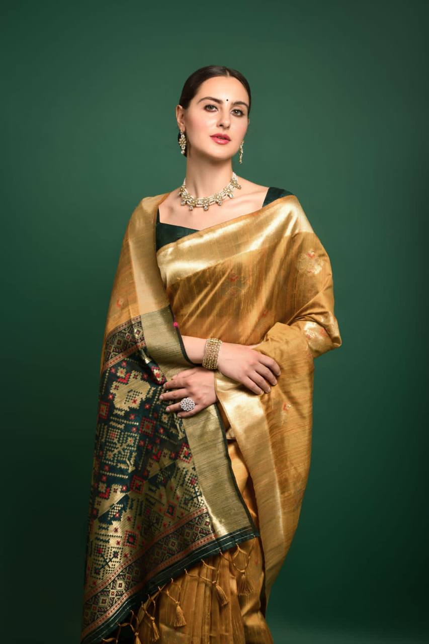 Yellow Tussar Silk Patola Weaving Saree With Zari Woven Border