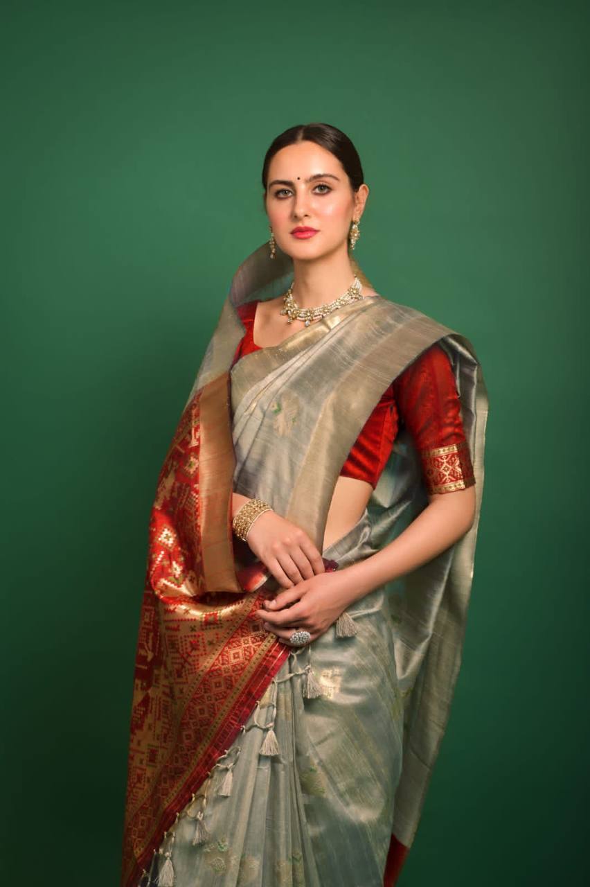 Light Grey Tussar Silk Patola Weaving Saree With Zari Woven Border