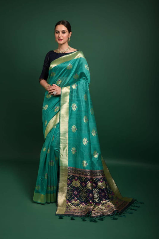 See Green Tussar Silk Patola Weaving Saree With Zari Woven Border