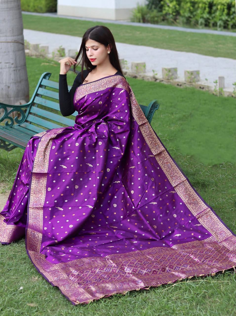 Purple Pure Soft Silk Saree With Copper And Golden Zari Weaved Border