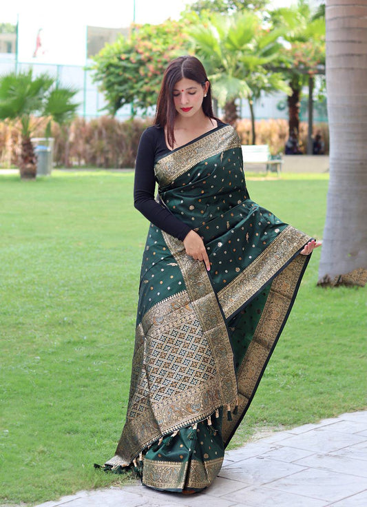 Green Pure Soft Silk Saree With Copper And Golden Zari Weaved Border