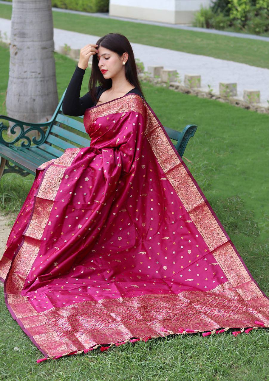 Rani Pure Soft Silk Saree With Copper And Golden Zari Weaved Border