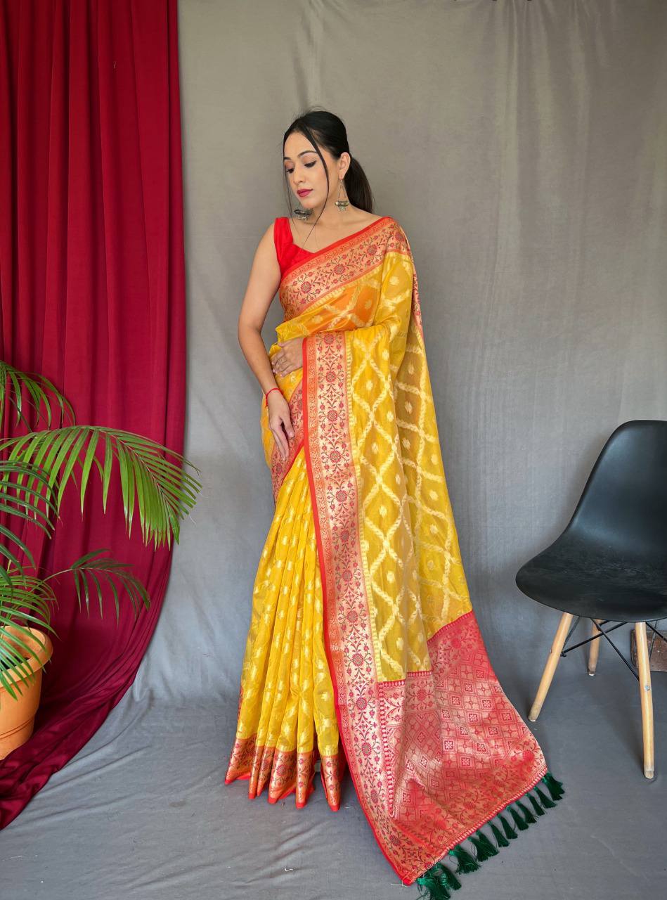 Yellow Pure organza weaved saree with Jacquard border.