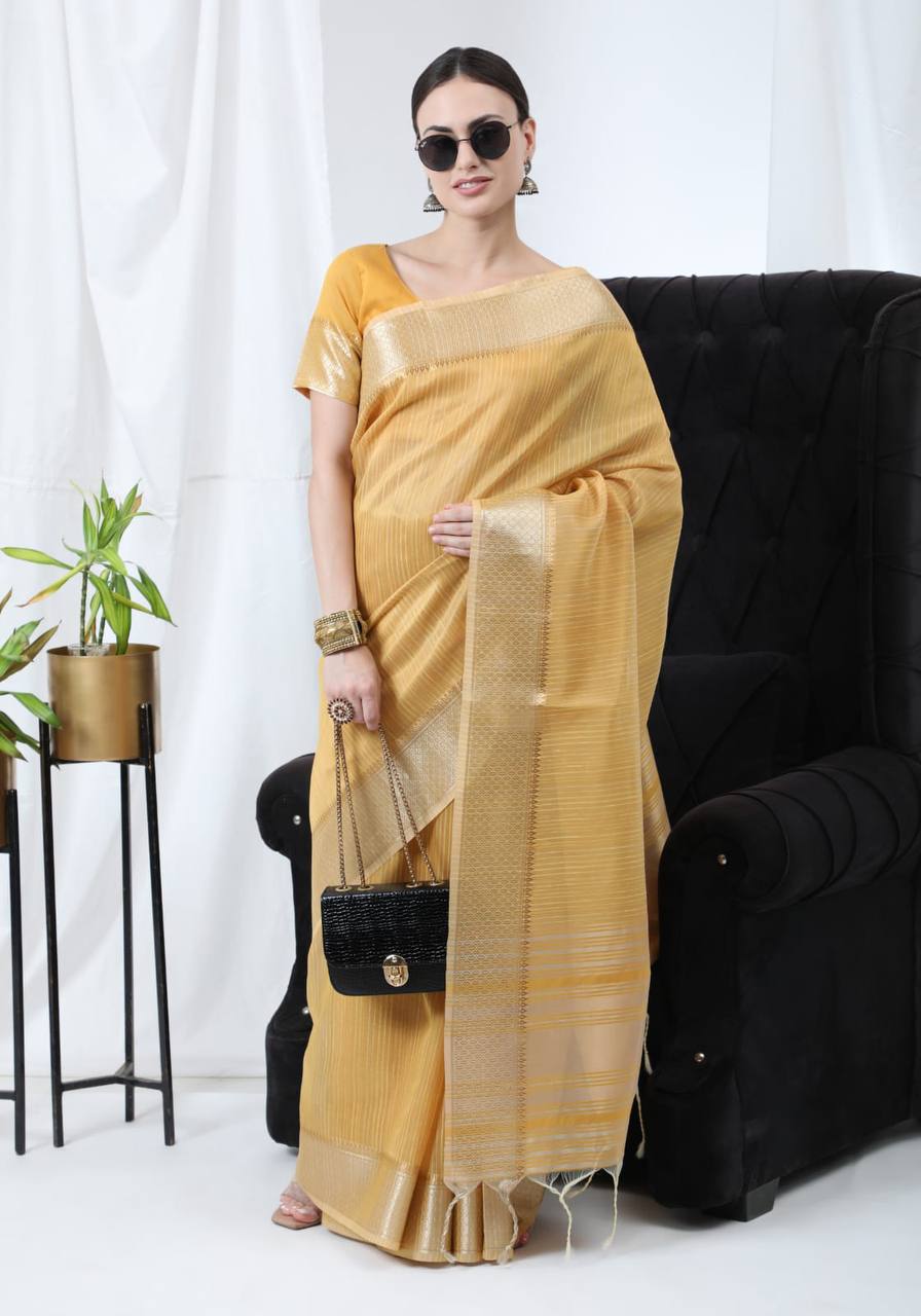 Yellow Tissue Linnen Silk Saree With Fancy Zari Weaving Border