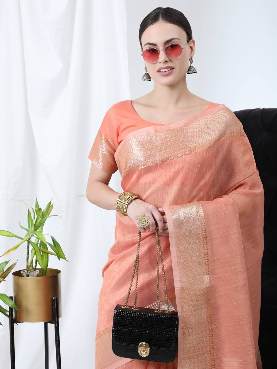 Peach Tissue Linnen Silk Saree With Fancy Zari Weaving Border