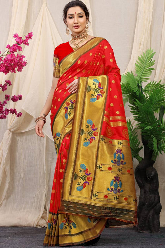 Red Paithani Pure Silk Handloom Saree With Pure Jari