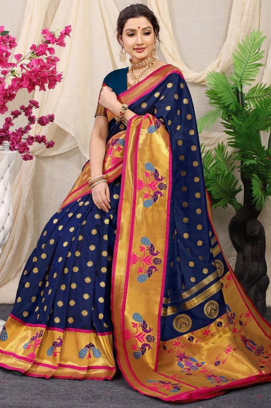 Blue  Paithani Pure Silk Handloom Saree With Pure Jari