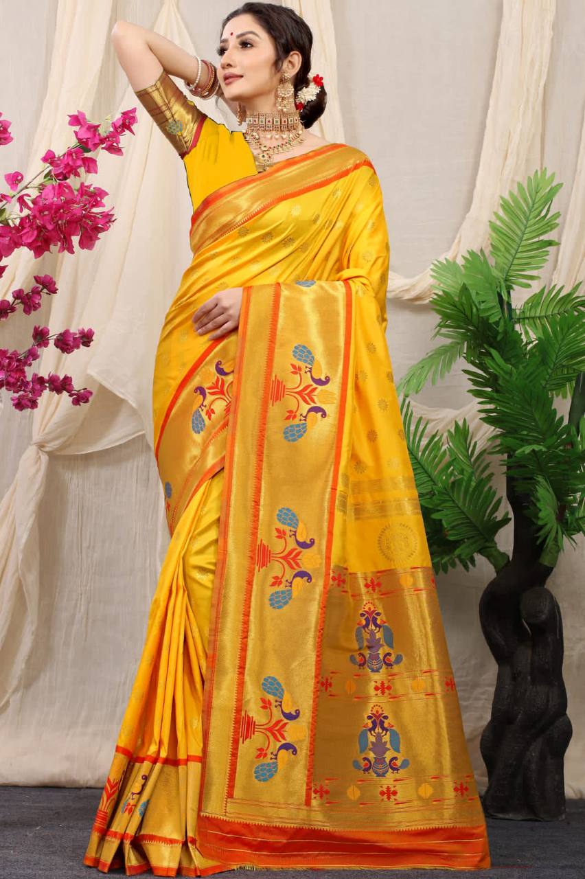 Yellow  Paithani Pure Silk Handloom Saree With Pure Jari
