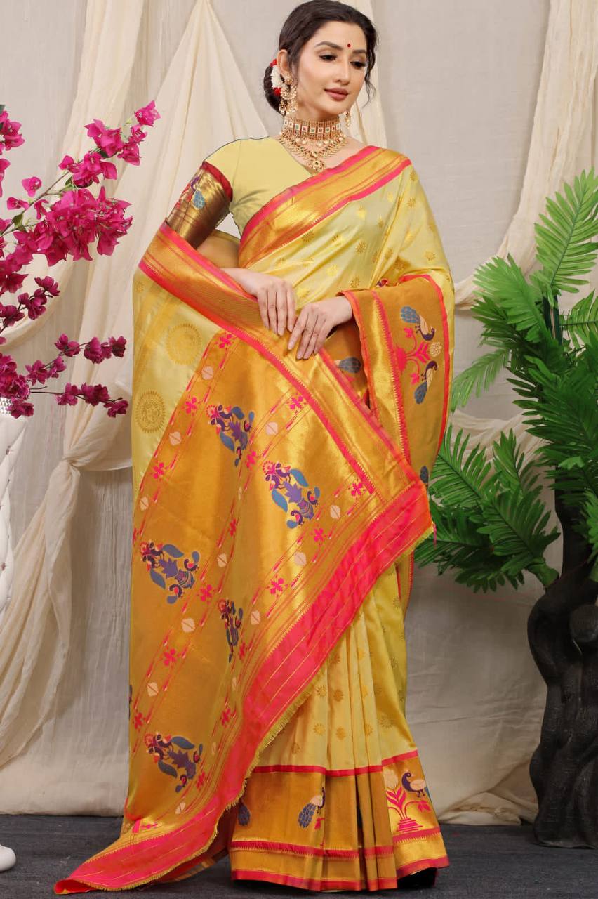 Lemon Paithani Pure Silk Handloom Saree With Pure Jari