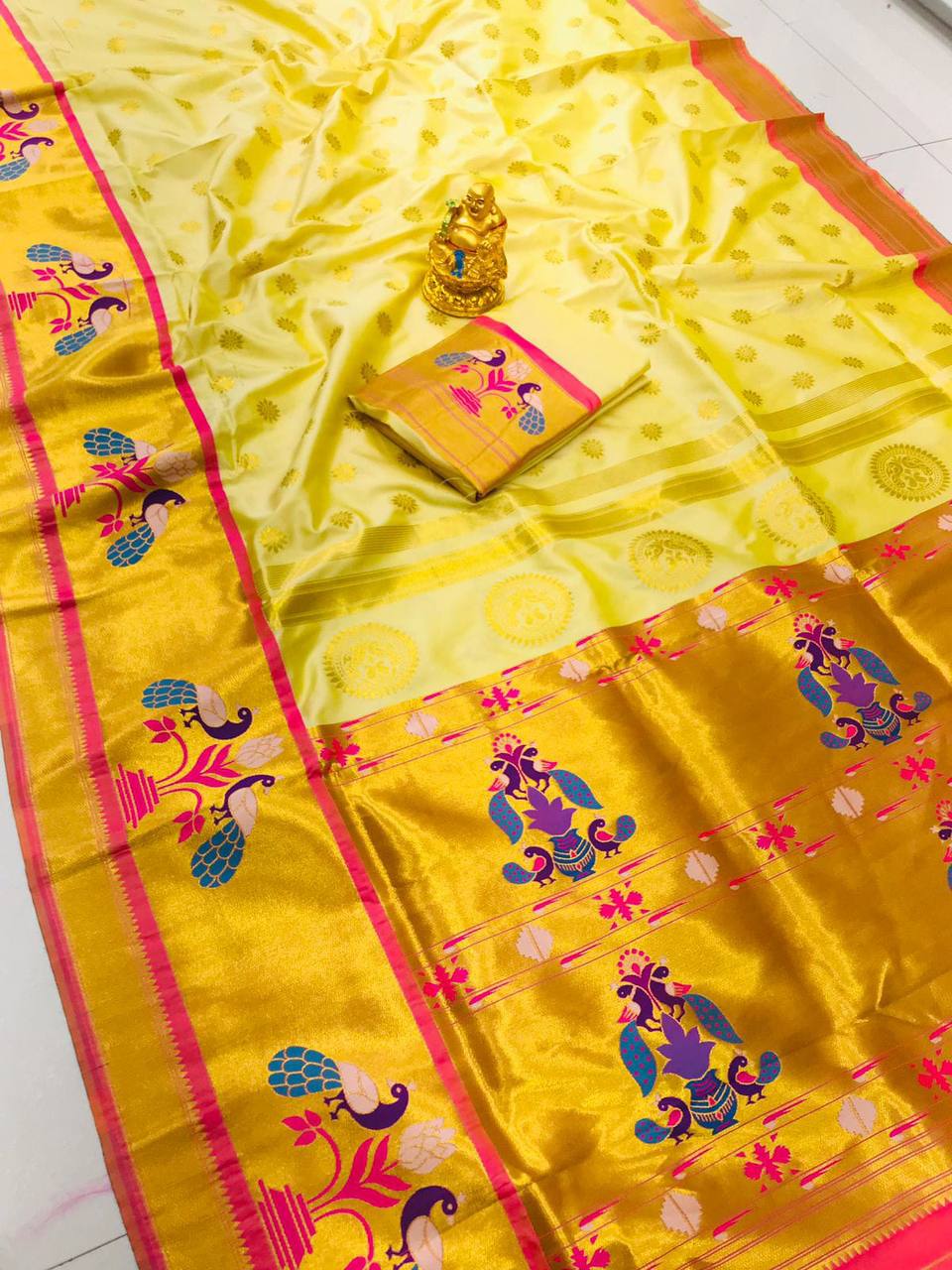 Lemon Paithani Pure Silk Handloom Saree With Pure Jari