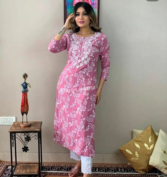 Pink Beautiful Heavy Rayon Printed Kurti