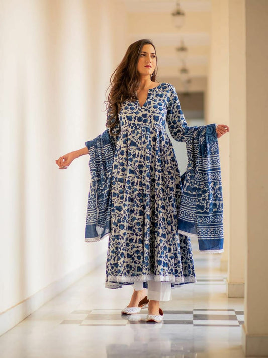 Blue Dabu Print Gown Kurta Set