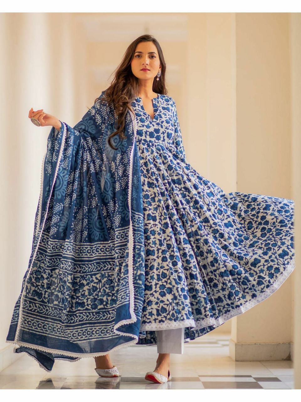 Blue Dabu Print Gown Kurta Set Shivansh Fab