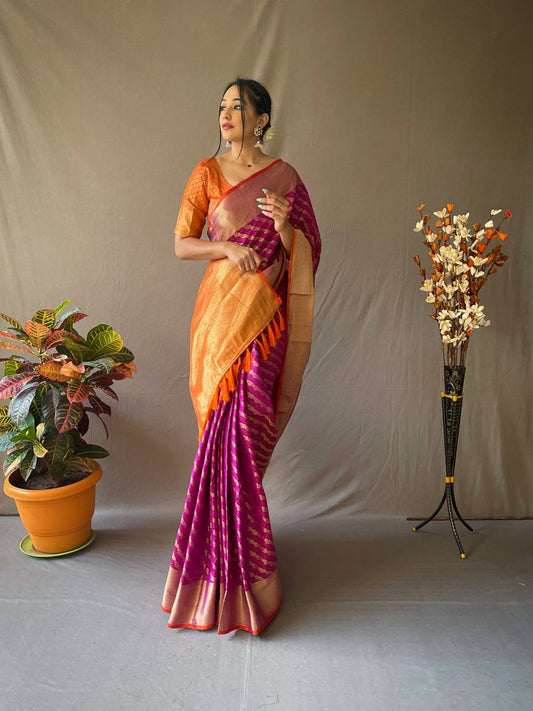 Purple Banarasi Beautiful Patola Sarees With Leheriya Gold Zari Weaves