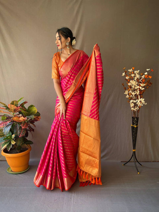 Rani Banarasi Beautiful Patola Sarees With Leheriya Gold Zari Weaves