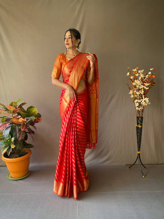 Red Banarasi Beautiful Patola Sarees With Leheriya Gold Zari Weaves