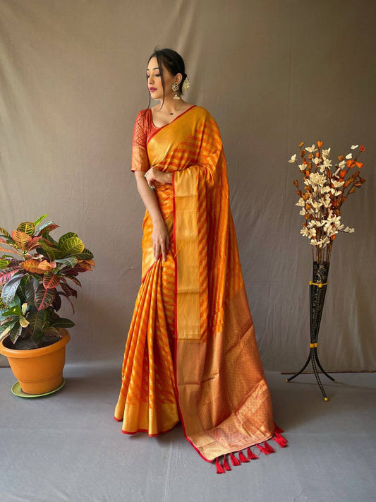 Yellow Banarasi Beautiful Patola Sarees With Leheriya Gold Zari Weaves