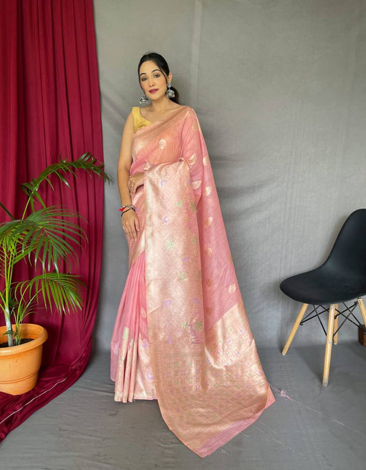 Pink Pure Linen Slub Silk Saree With Zari Weaving