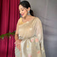 Grey Pure Linen Slub Silk Saree With Zari Weaving