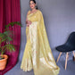 Yellow Pure Linen Slub Silk Saree With Zari Weaving