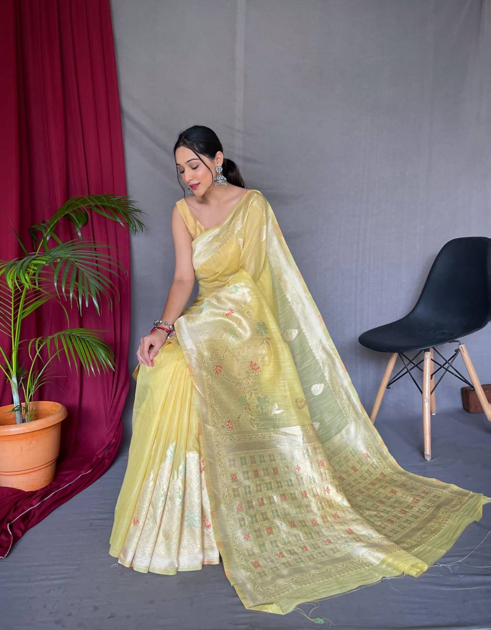 Yellow Pure Linen Slub Silk Saree With Zari Weaving