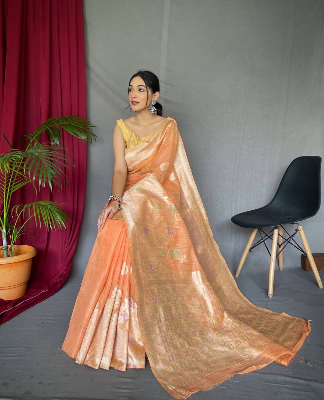 Orange Pure Linen Slub Silk Saree With Zari Weaving