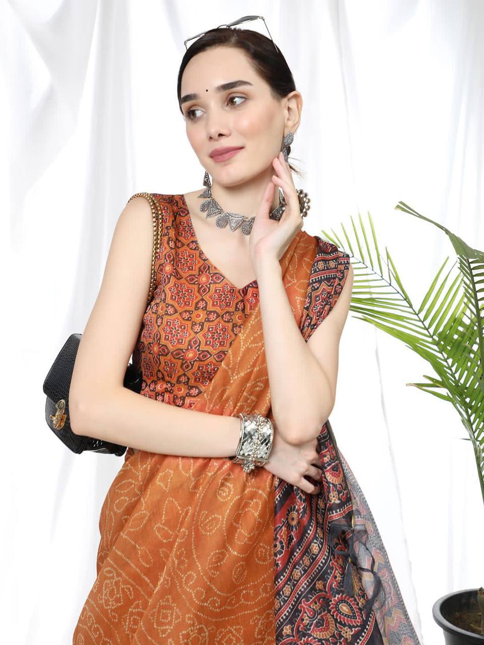 Orange Soft Linen Cotton Saree With Beautiful Bandhani