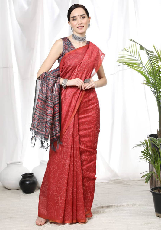 Red Soft Linen Cotton Saree With Beautiful Bandhani