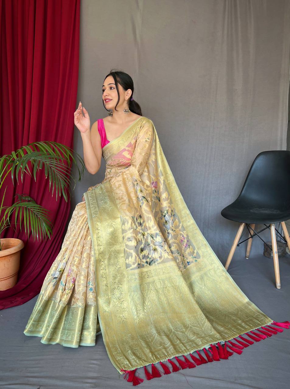 Yellow Organza Zari Sweaving Saree With Gold Zari Weaved Border