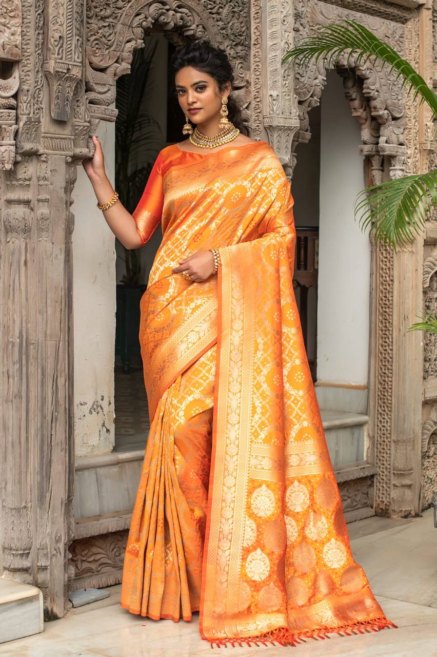 Yellow Pure Banarasi Silk Saree With Bandhani Meenakari Woven