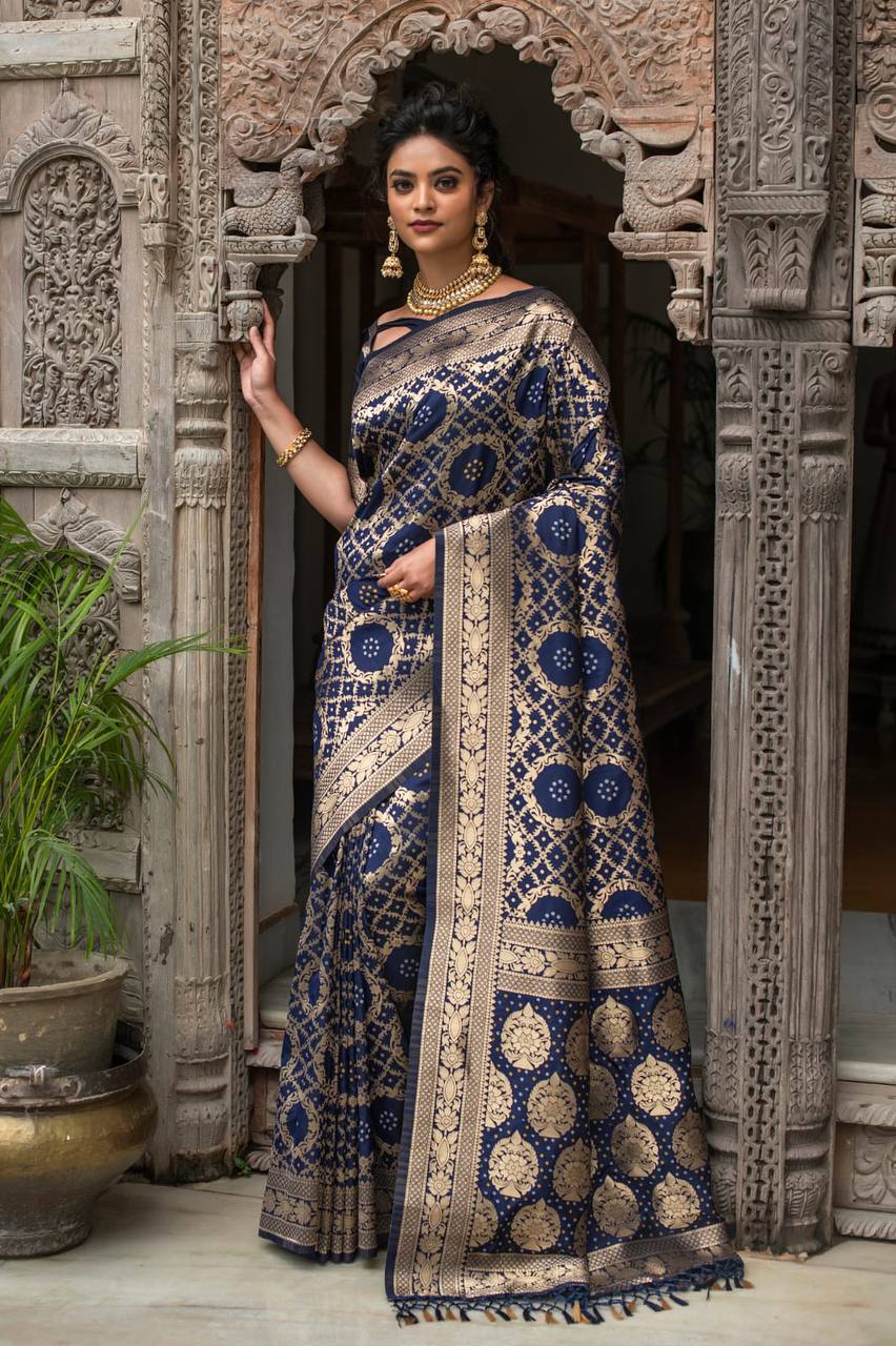 Blue Pure Banarasi Silk Saree With Bandhani Meenakari Woven
