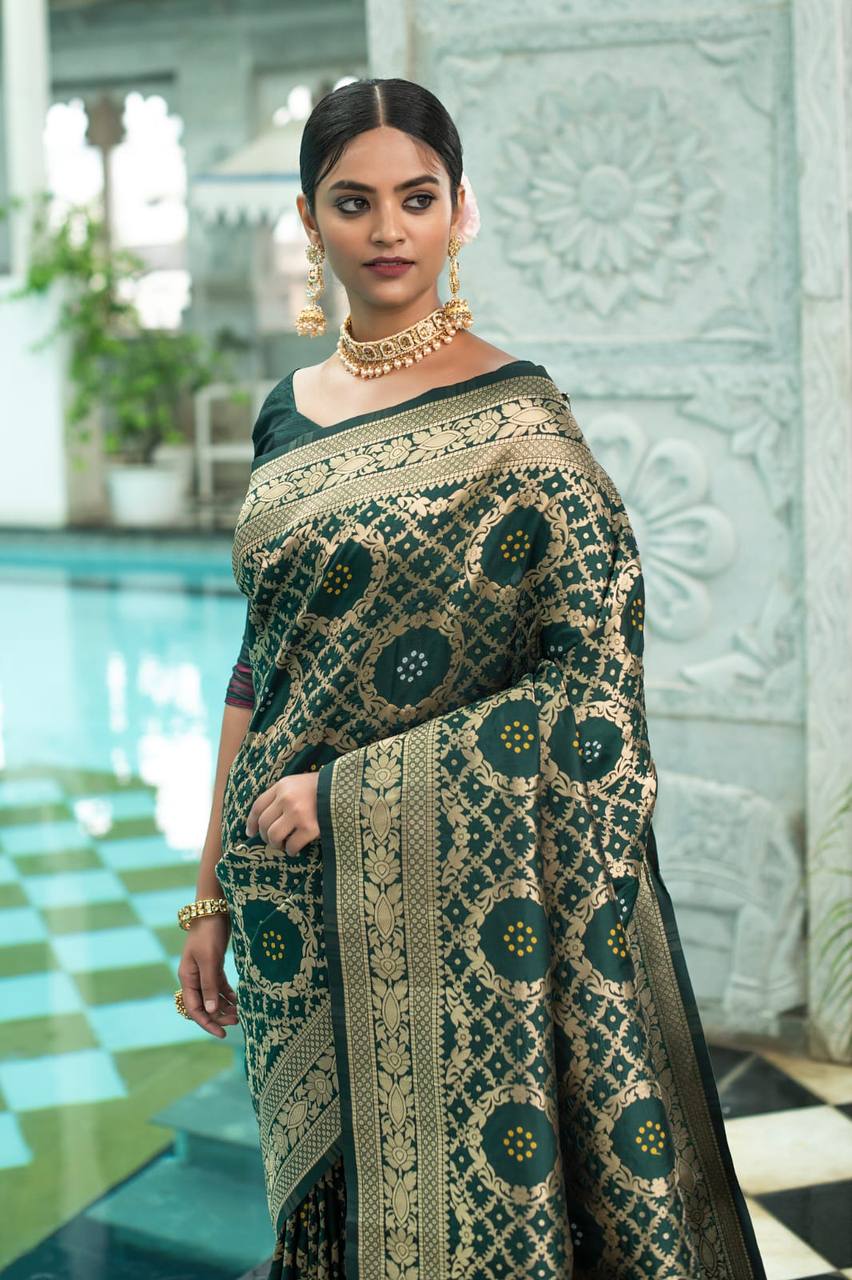 Green Pure Banarasi Silk Saree With Bandhani Meenakari Woven
