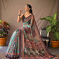 Sky Blue Kalamkari Print Saree With Tassles Attached