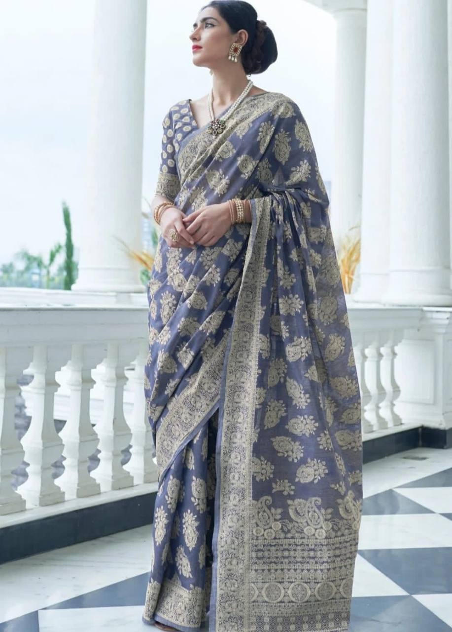 Blue Banarasi Cotton Chikankari Weaving Sarees