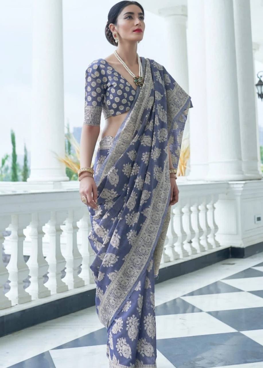 Blue Banarasi Cotton Chikankari Weaving Sarees