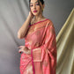 Pink Pure Cotton Linen Saree With Copper And  Gold Zari Mottifs