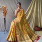 Yellow Pure Cotton Linen Saree With Copper And  Gold Zari Mottifs