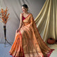 Orange Pure Cotton Linen Saree With Copper And  Gold Zari Mottifs