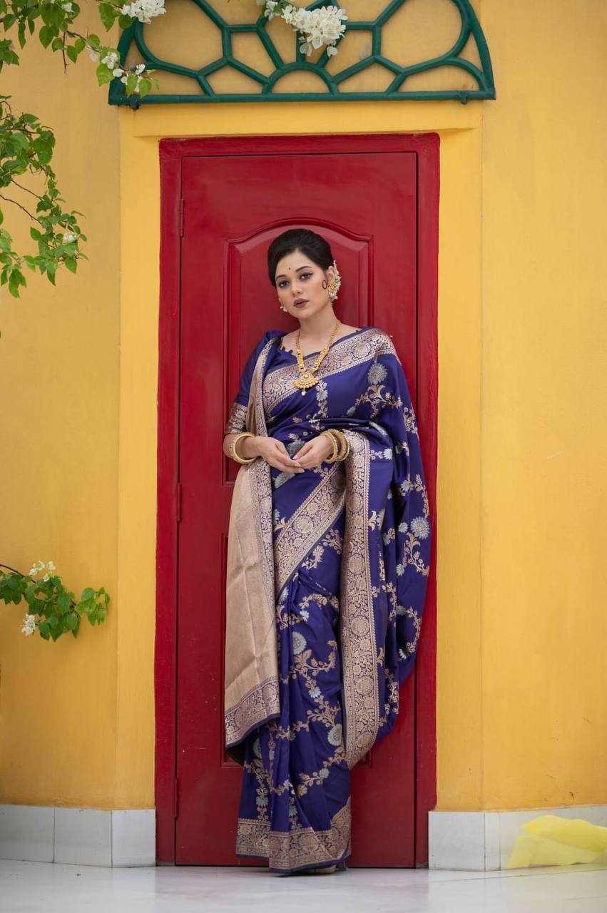 Blue Soft Banarasi Katan silk saree