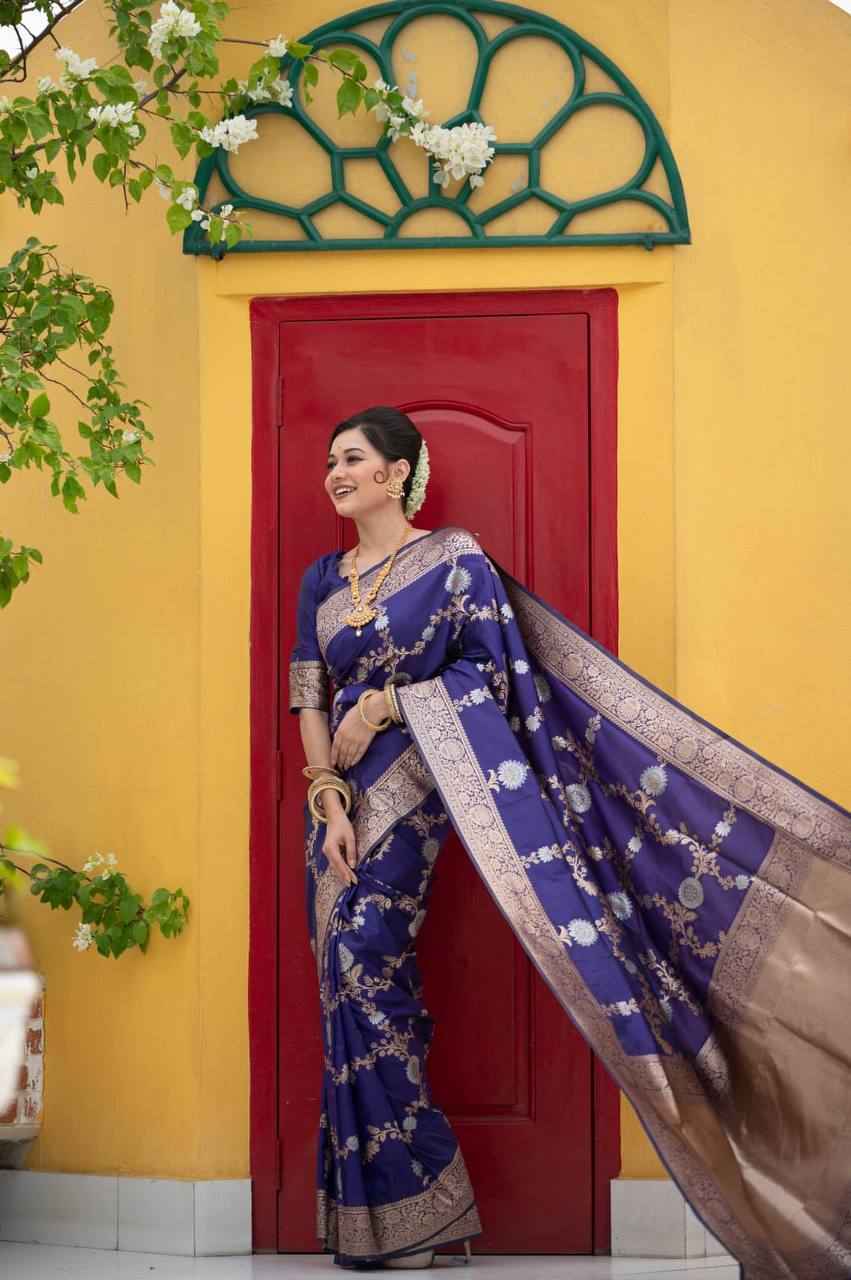 Blue Soft Banarasi Katan silk saree