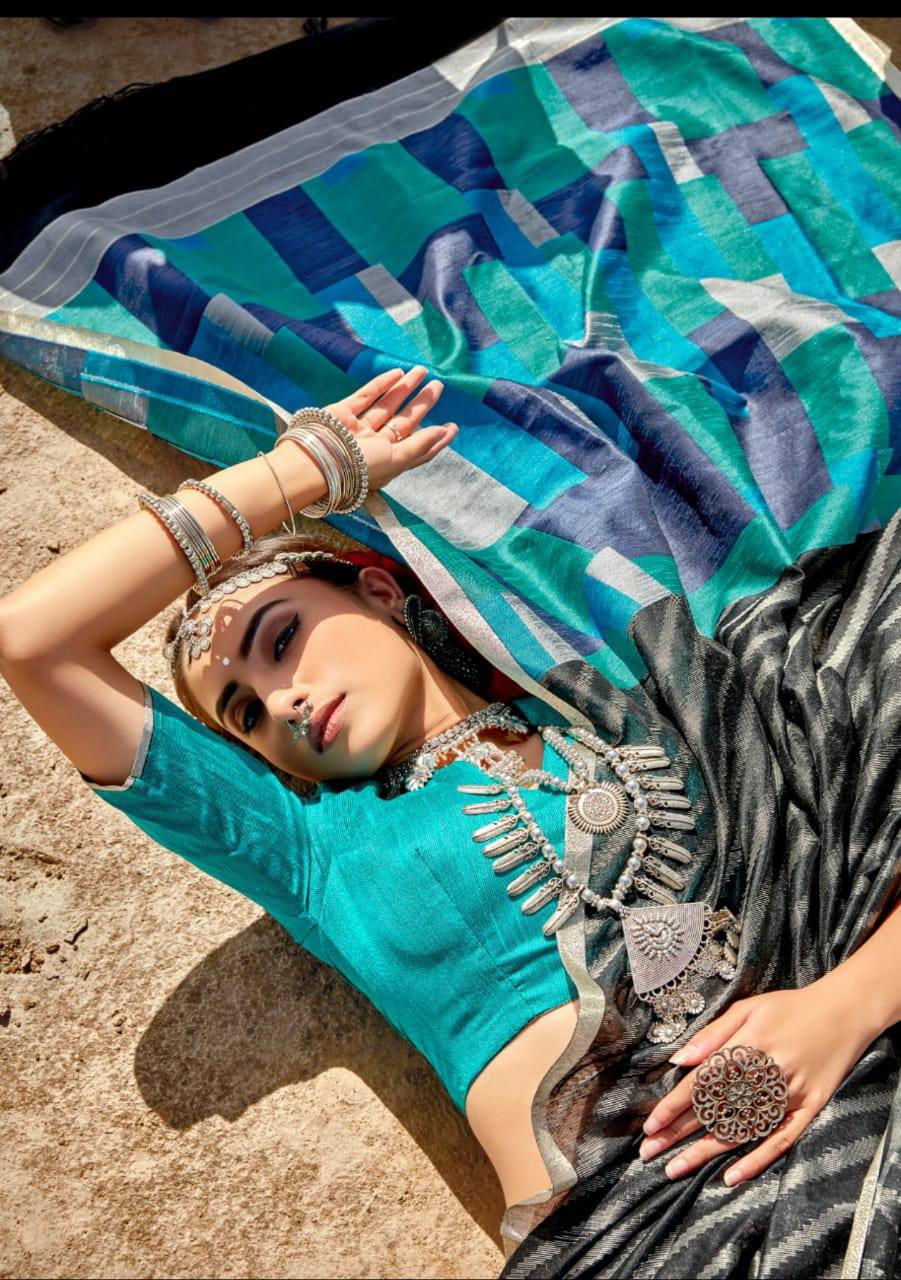 Blue Linen Silk Weaving Saree With All Over Silver Zari Woven Strips